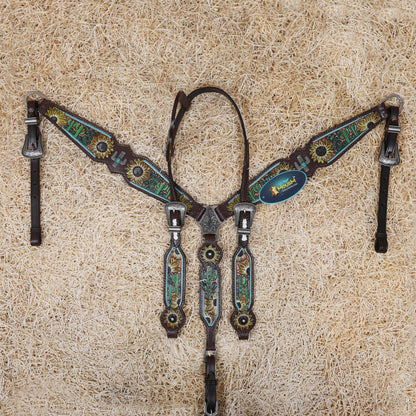 MOUSM Western Leather Horse Tack Set – Decorated with Hand-Painted Sunflower and Cactus Carving, Featuring White Rawhide Braiding and Cactus-Style Conchos on One-Ear Headstall and Breast Collar, Average Full-Size Horses