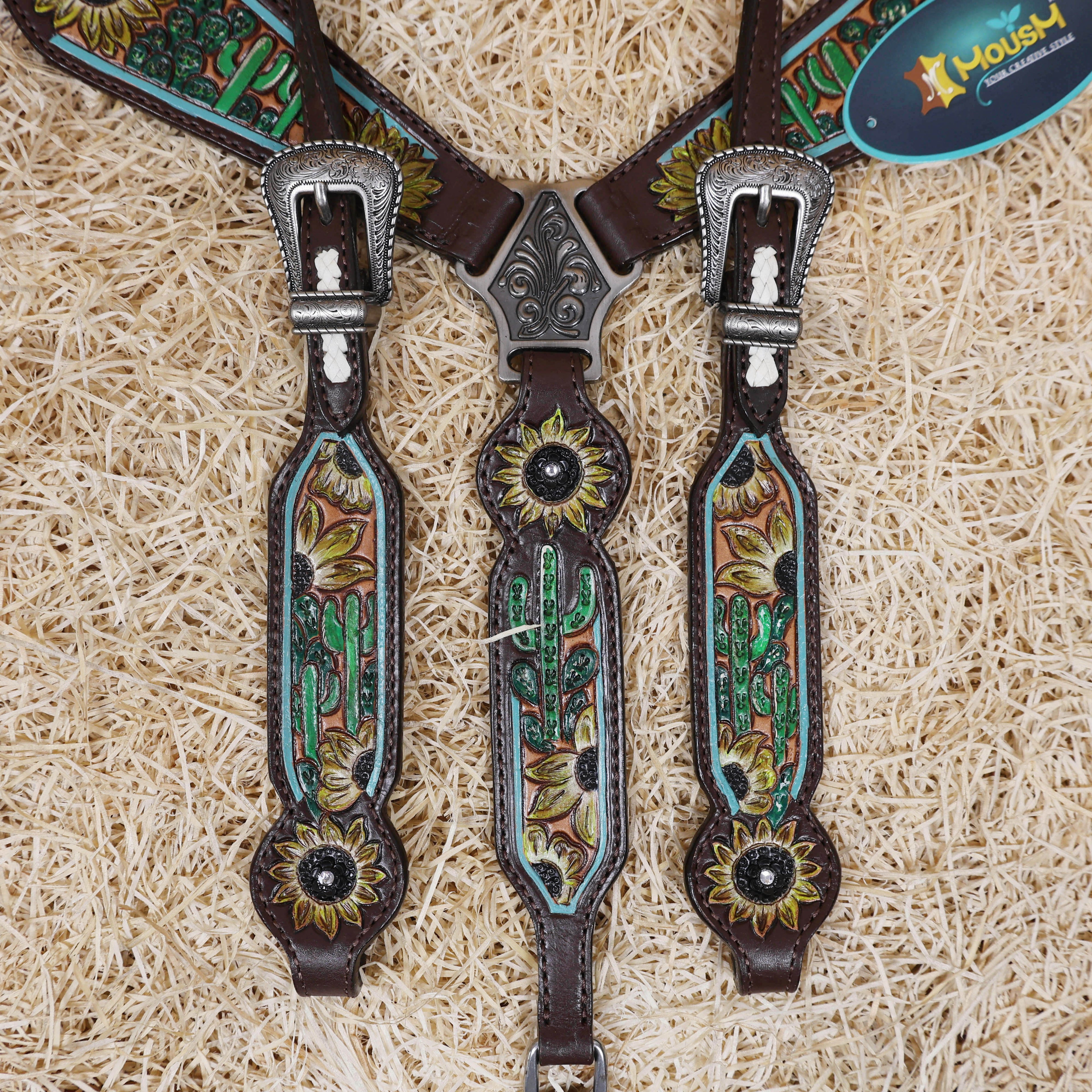 MOUSM Western Leather Horse Tack Set – Decorated with Hand-Painted Sunflower and Cactus Carving, Featuring White Rawhide Braiding and Cactus-Style Conchos on One-Ear Headstall and Breast Collar, Average Full-Size Horses
