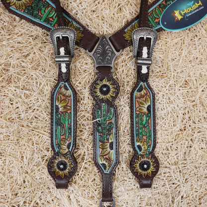 MOUSM Western Leather Horse Tack Set – Decorated with Hand-Painted Sunflower and Cactus Carving, Featuring White Rawhide Braiding and Cactus-Style Conchos on One-Ear Headstall and Breast Collar, Average Full-Size Horses