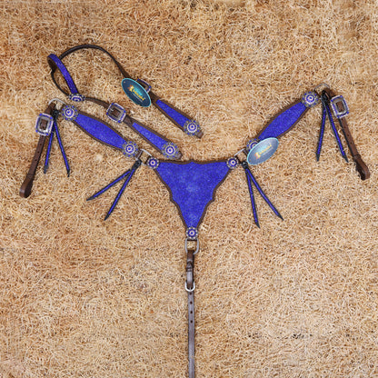 MOUSM Western Headstall and Breast Collar Set – Argentina Cow Leather Horse Tack Set Decorated with Royal Blue Rhinestones on Gladiator Breast Collar with Roping and Bling Conchos