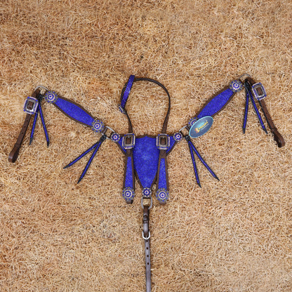 MOUSM Western Headstall and Breast Collar Set – Argentina Cow Leather Horse Tack Set Decorated with Royal Blue Rhinestones on Gladiator Breast Collar with Roping and Bling Conchos