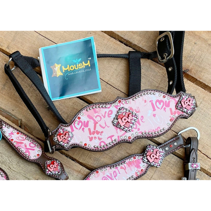 MOUSM Valentine’s Edition Western Headstall and Breast Collar Tack Collection – Western Bridle and Headstall Set Decorated with "I Love You" Inlay &amp; Love Conchos