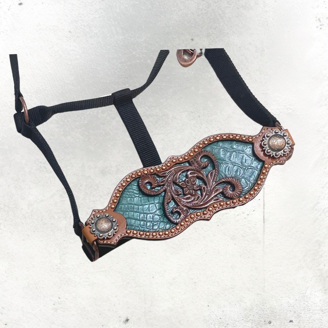 MOUSM Argentina Cow Leather Western Horse Tack Collection – Western Bridles and Headstalls Decorated with Copper Studs, Conchos, Flower Filigree Carving &amp; Alligator Inlay