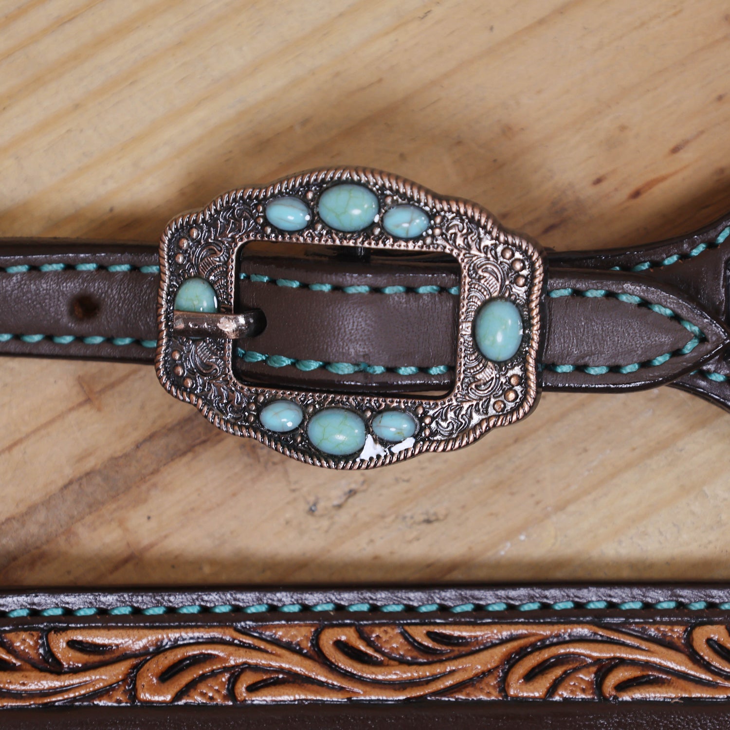 Western Leather Headstall and Breast Collar Tack Set Decorated with Border Carving Antique Finish with Copper Studs and Turquoise Stone Flower Hardware MOUSM