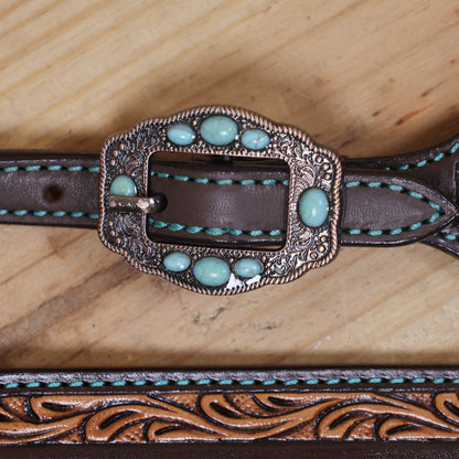 Western Leather Headstall and Breast Collar Tack Set Decorated with Border Carving Antique Finish with Copper Studs and Turquoise Stone Flower Hardware MOUSM
