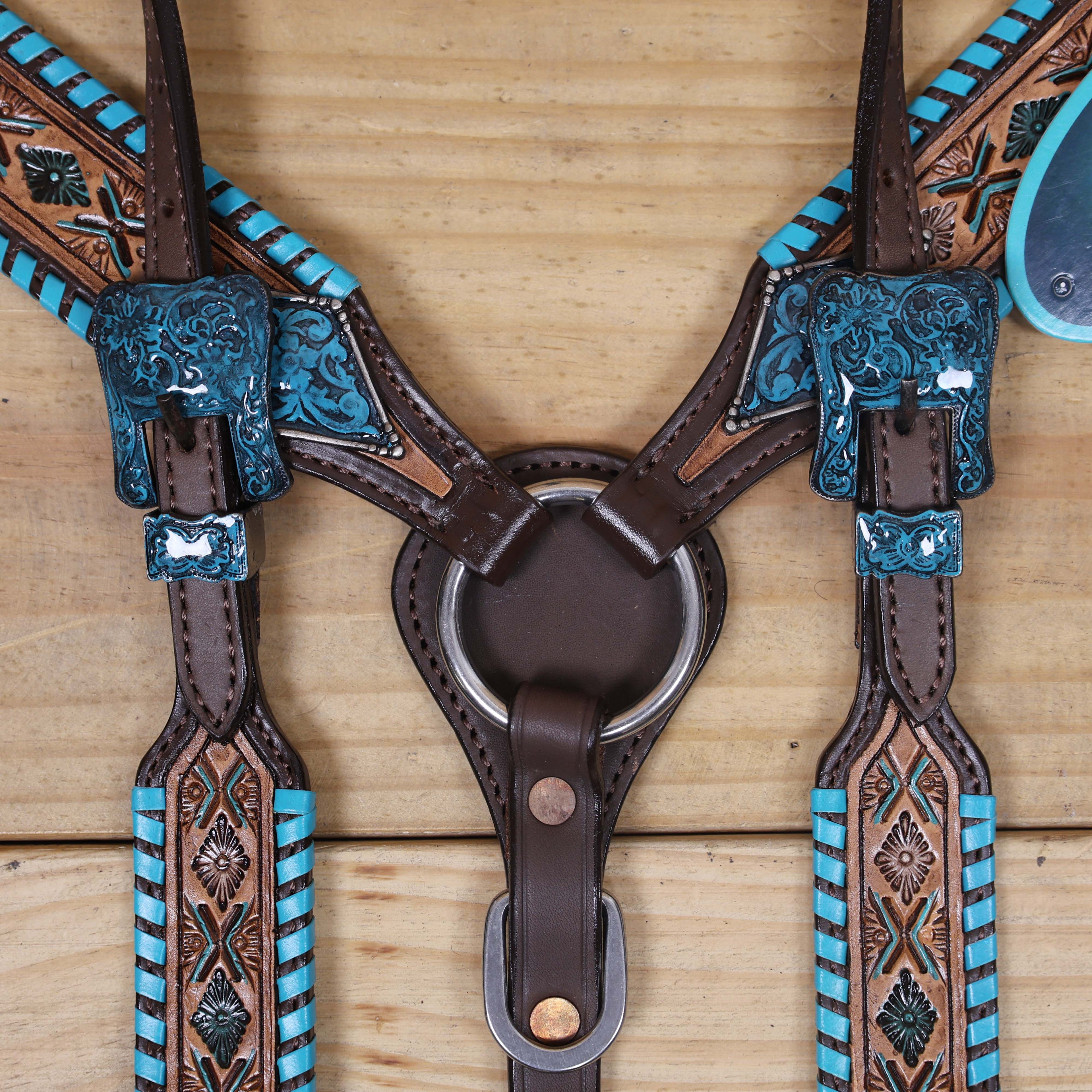 Western Horse Tack Set Decorated with Turquoise Whip Stitching with Geometrical Tooling Border and Turquoise Vintage Nickel Hardware MOUSM