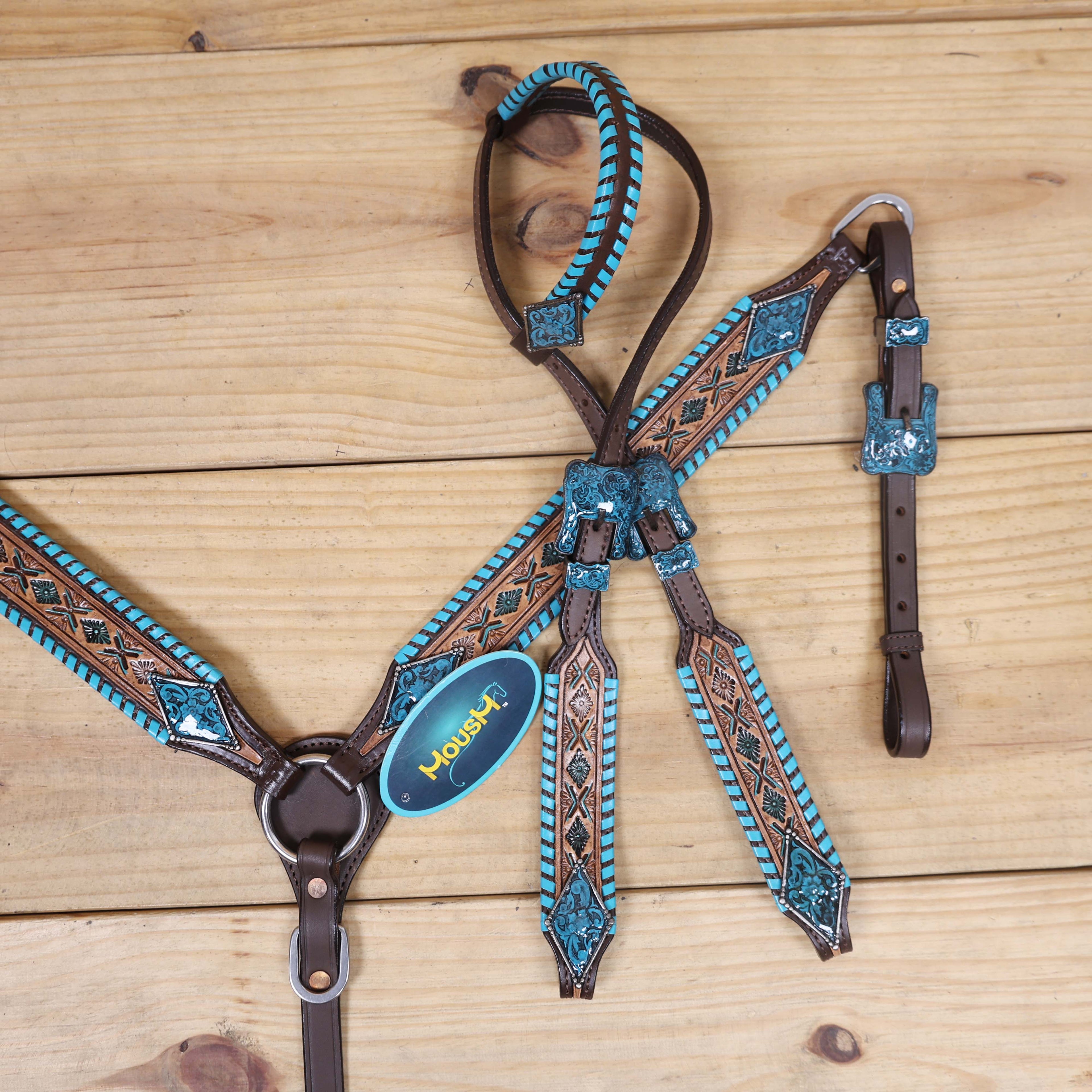 Western Horse Tack Set Decorated with Turquoise Whip Stitching with Geometrical Tooling Border and Turquoise Vintage Nickel Hardware MOUSM
