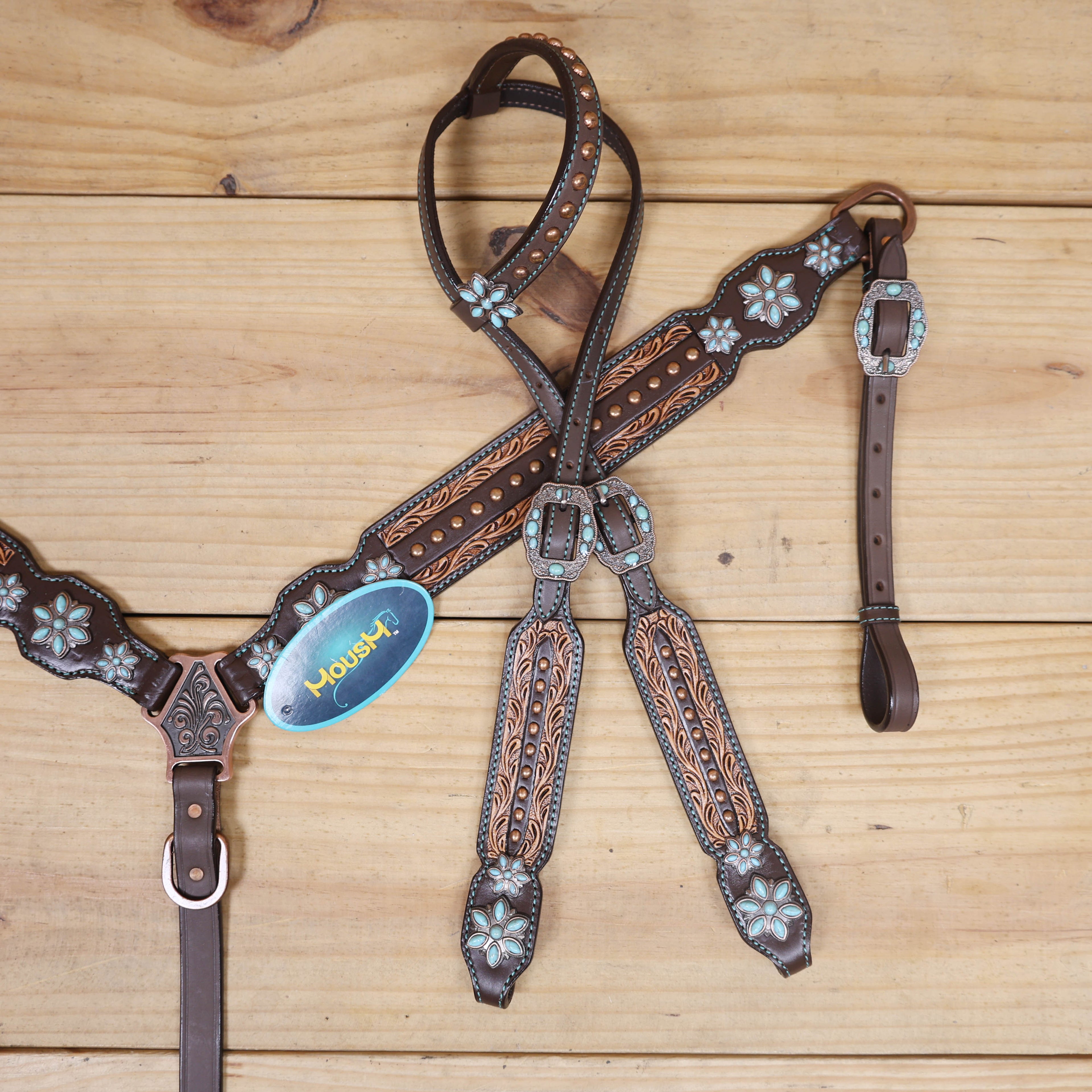 Western Leather Headstall and Breast Collar Tack Set Decorated with Border Carving Antique Finish with Copper Studs and Turquoise Stone Flower Hardware MOUSM
