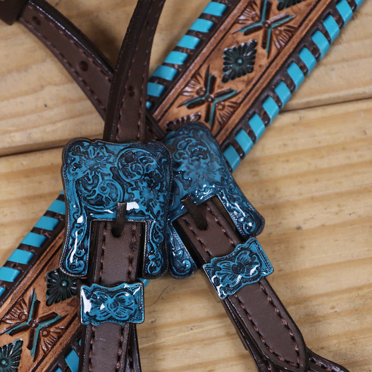 Western Horse Tack Set Decorated with Turquoise Whip Stitching with Geometrical Tooling Border and Turquoise Vintage Nickel Hardware MOUSM