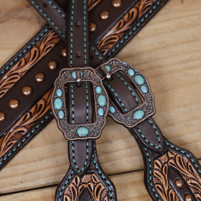 Western Leather Headstall and Breast Collar Tack Set Decorated with Border Carving Antique Finish with Copper Studs and Turquoise Stone Flower Hardware MOUSM