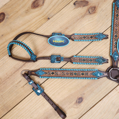 Western Horse Tack Set Decorated with Turquoise Whip Stitching with Geometrical Tooling Border and Turquoise Vintage Nickel Hardware MOUSM