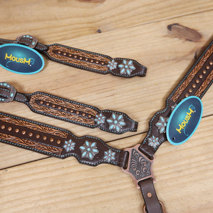 Western Leather Headstall and Breast Collar Tack Set Decorated with Border Carving Antique Finish with Copper Studs and Turquoise Stone Flower Hardware MOUSM