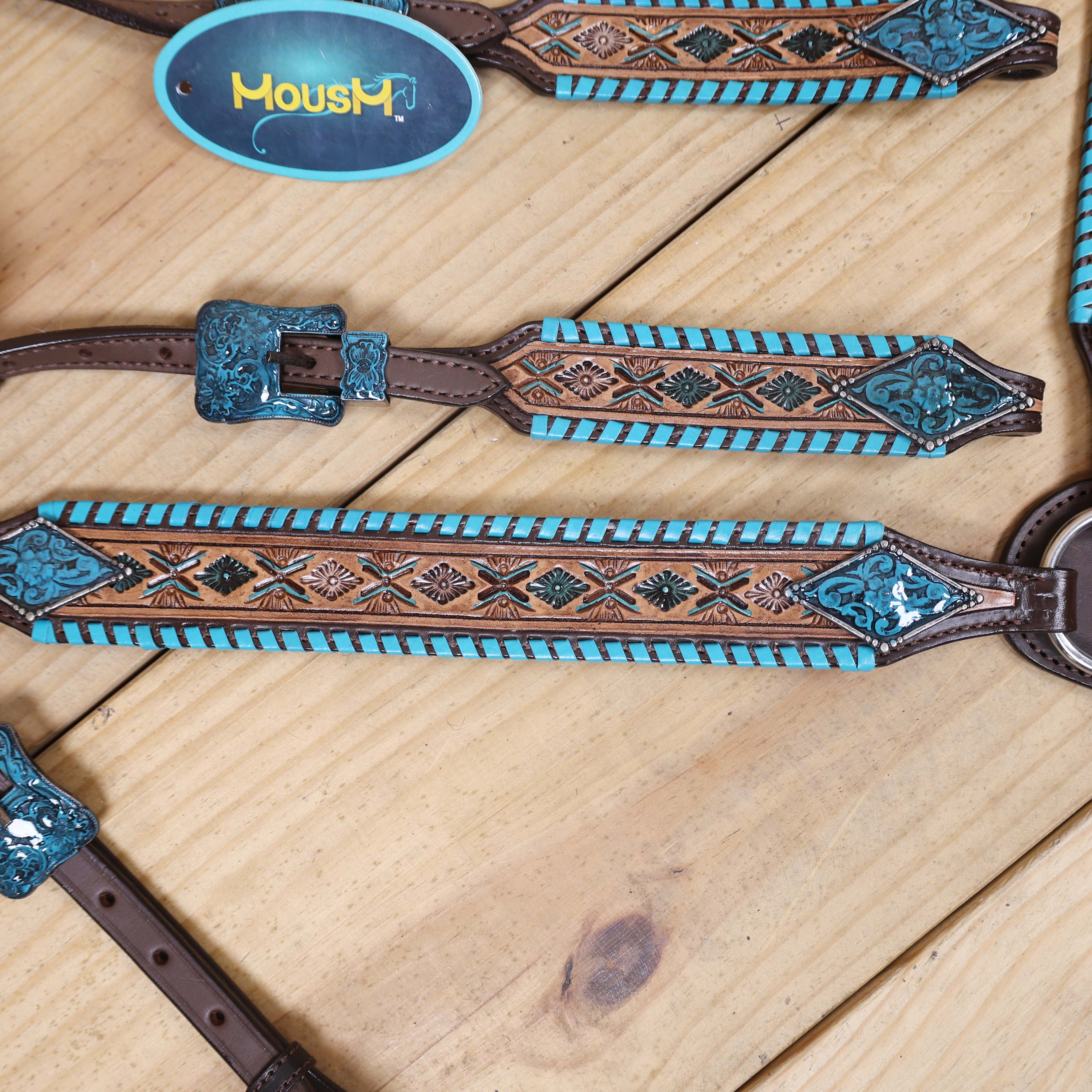 Western Horse Tack Set Decorated with Turquoise Whip Stitching with Geometrical Tooling Border and Turquoise Vintage Nickel Hardware MOUSM