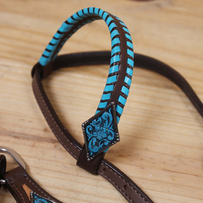 Western Horse Tack Set Decorated with Turquoise Whip Stitching with Geometrical Tooling Border and Turquoise Vintage Nickel Hardware MOUSM