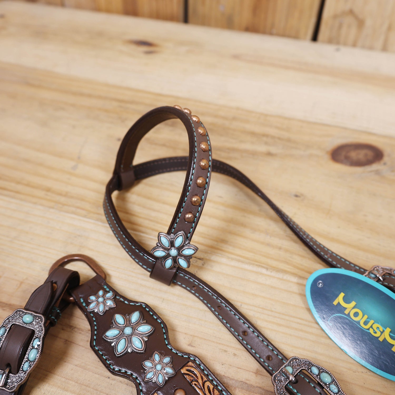 Western Leather Headstall and Breast Collar Tack Set Decorated with Border Carving Antique Finish with Copper Studs and Turquoise Stone Flower Hardware MOUSM