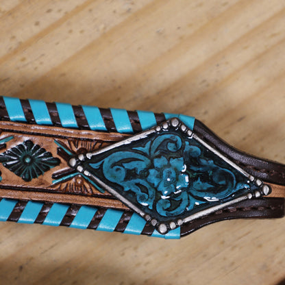 Western Horse Tack Set Decorated with Turquoise Whip Stitching with Geometrical Tooling Border and Turquoise Vintage Nickel Hardware MOUSM