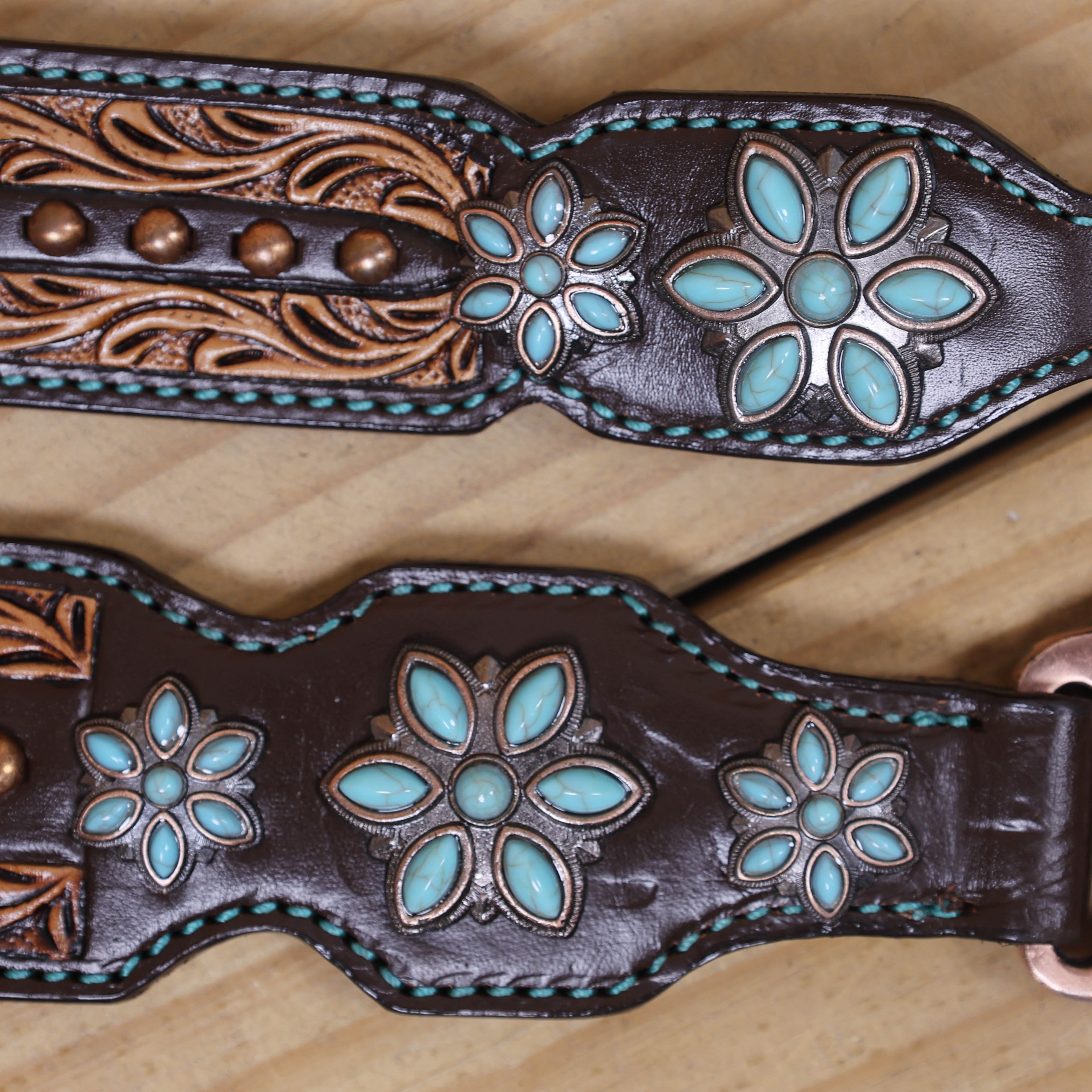 Western Leather Headstall and Breast Collar Tack Set Decorated with Border Carving Antique Finish with Copper Studs and Turquoise Stone Flower Hardware MOUSM