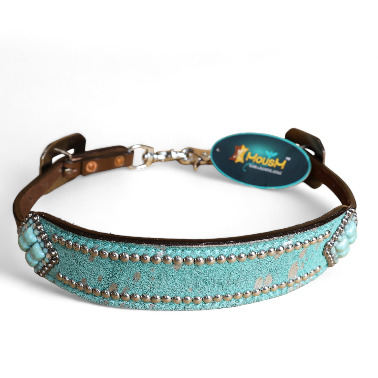 MOUSM Western Wither Strap - Stylish Horse Tack Accessory Decorated with Turquoise Metallic Acid Wash Cowhide, Surrounded by Silver Studs, Shining Rhinestone Conchos
