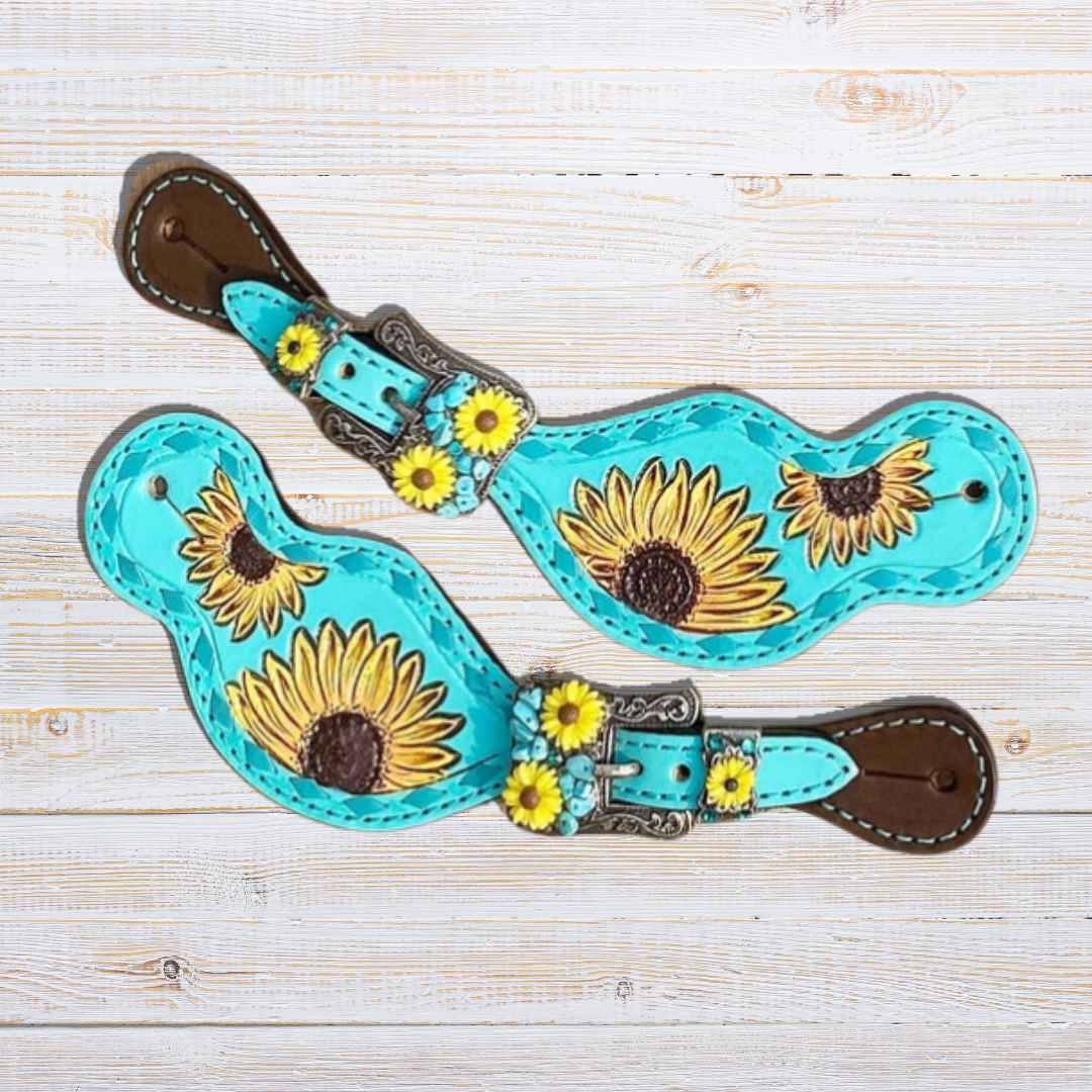 MOUSM Western Horse Tack Collection – Western Bridles and Headstalls Decorated Hand-Tooled Sunflower &amp; Turquoise Concho Design