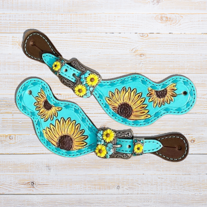 MOUSM Western Horse Tack Collection – Western Bridles and Headstalls Decorated Hand-Tooled Sunflower &amp; Turquoise Concho Design