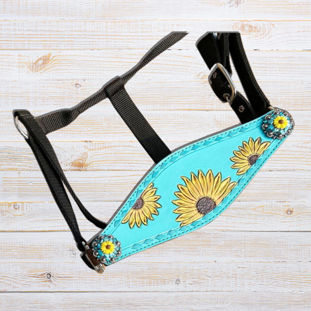 MOUSM Western Horse Tack Collection – Western Bridles and Headstalls Decorated Hand-Tooled Sunflower &amp; Turquoise Concho Design