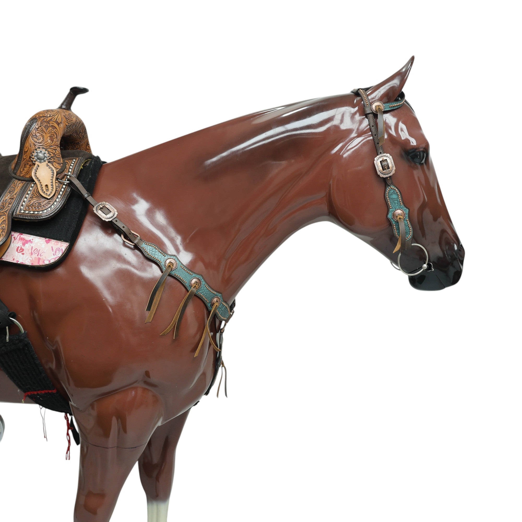 adjustable full size horse tack set with turquoise alligator-print leather and copper studs