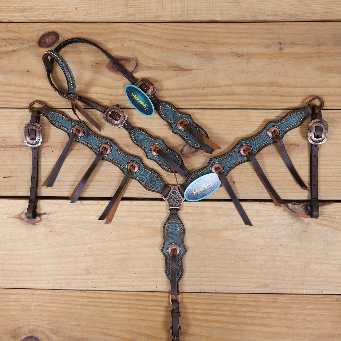 Western leather headstall and breast collar set with turquoise alligator print leather and copper conchos