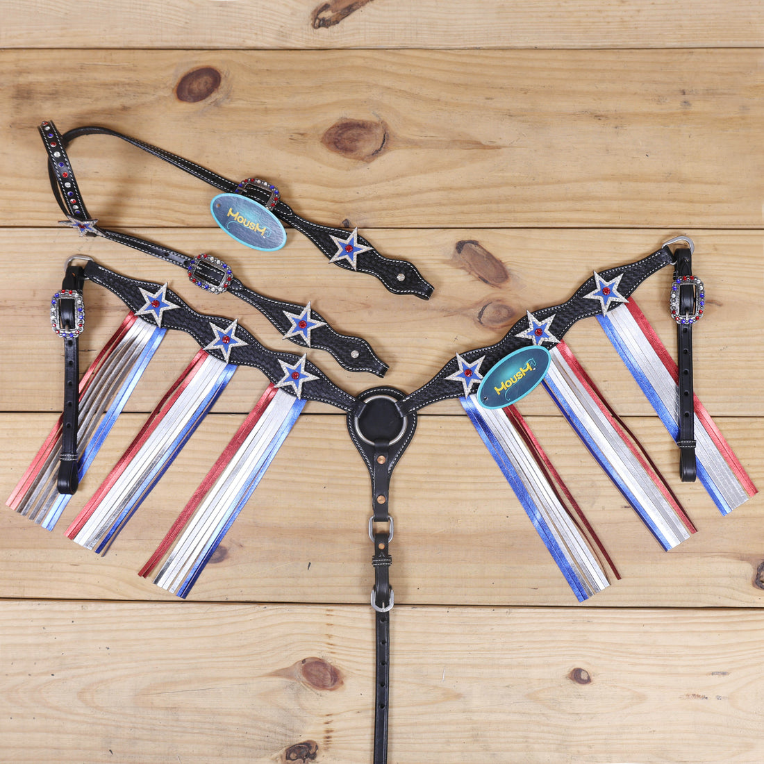 festive handcrafted western tack with tri color stars, metallic fringe, and durable hardware