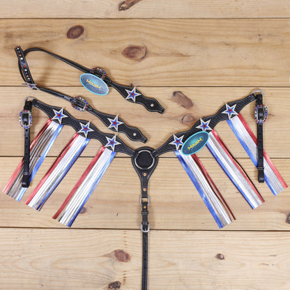 festive handcrafted western tack with tri color stars, metallic fringe, and durable hardware