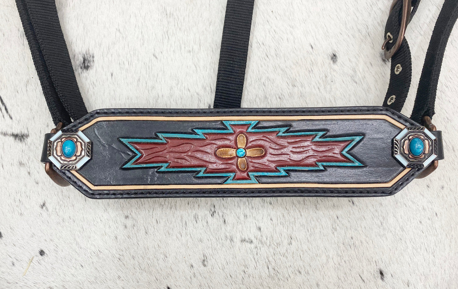 MOUSM Argentina Cow Leather Western Horse Tack Set – Browband Headstall &amp; Breast Collar, Bronc Halter, Wither &amp; Spur Straps, Decorated with Hand-Tooled Carving, Multicolor Conchos &amp; Antique Copper Hardware