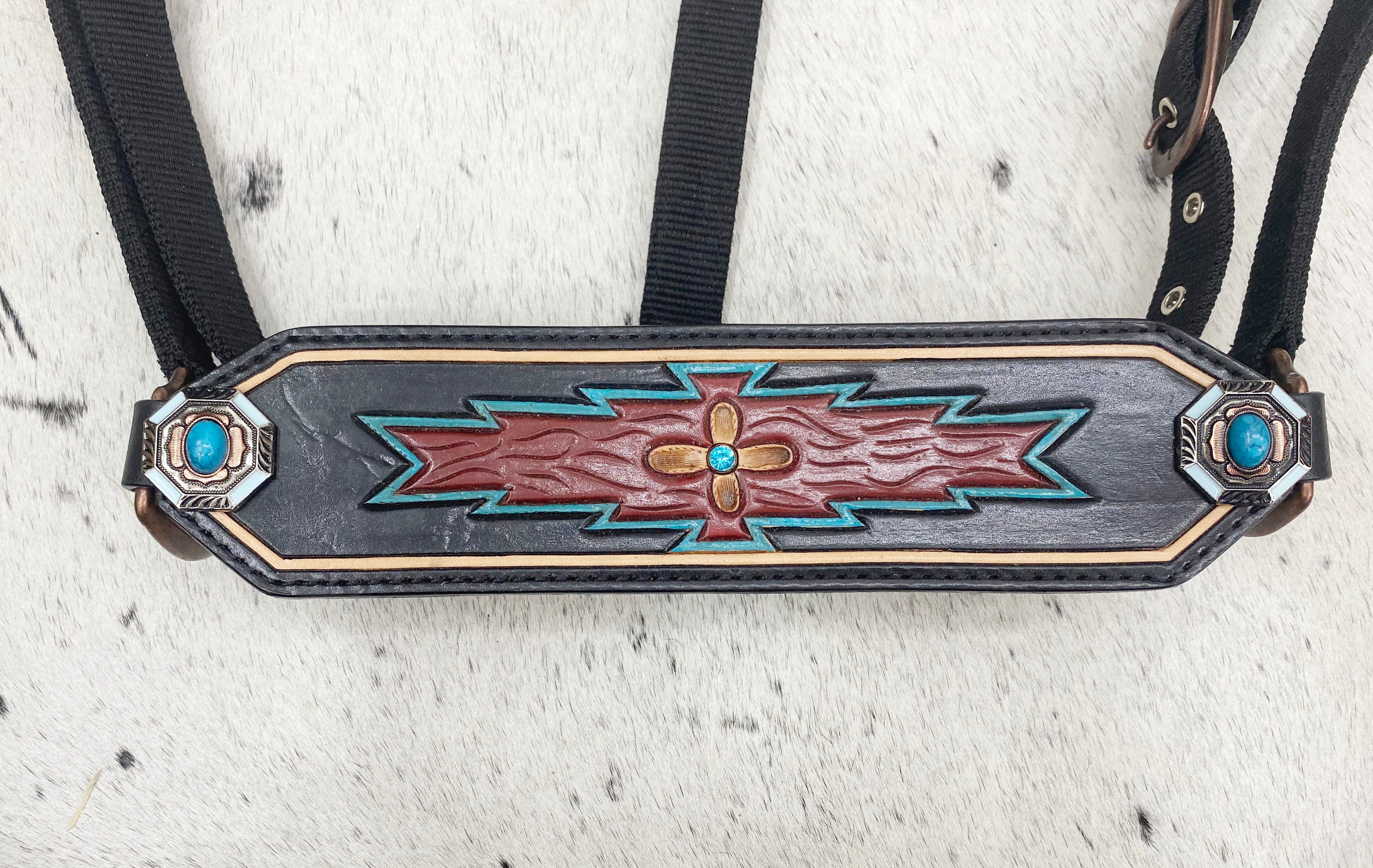 MOUSM Argentina Cow Leather Western Horse Tack Set – Browband Headstall &amp; Breast Collar, Bronc Halter, Wither &amp; Spur Straps, Decorated with Hand-Tooled Carving, Multicolor Conchos &amp; Antique Copper Hardware