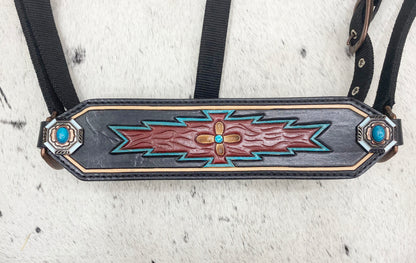 MOUSM Argentina Cow Leather Western Horse Tack Set – Browband Headstall &amp; Breast Collar, Bronc Halter, Wither &amp; Spur Straps, Decorated with Hand-Tooled Carving, Multicolor Conchos &amp; Antique Copper Hardware