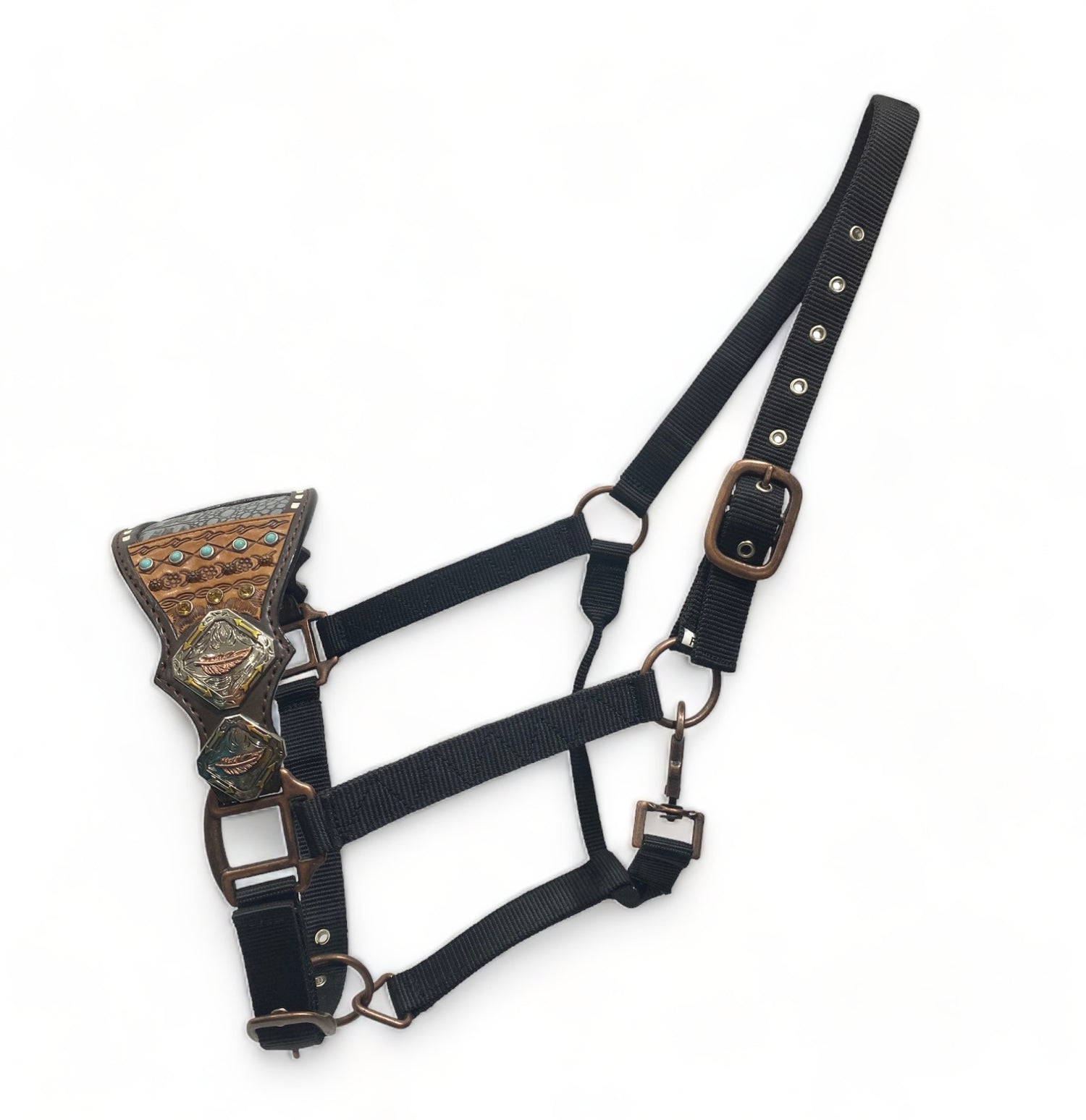 MOUSM Western Bronc Halter – Argentina Cow Leather Halter for Horse Decorated with Hand-Tooled Borders, Antique Copper Sunburst Studs, Feather Accents &amp; Grey Alligator Pattern Inlay.