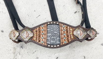 MOUSM Argentina Cow Leather Western Horse Tack Collection – Western Bridles and Headstalls Decorated with Geometrical Tooling, Rawhide Braiding &amp; Grey Alligator Print