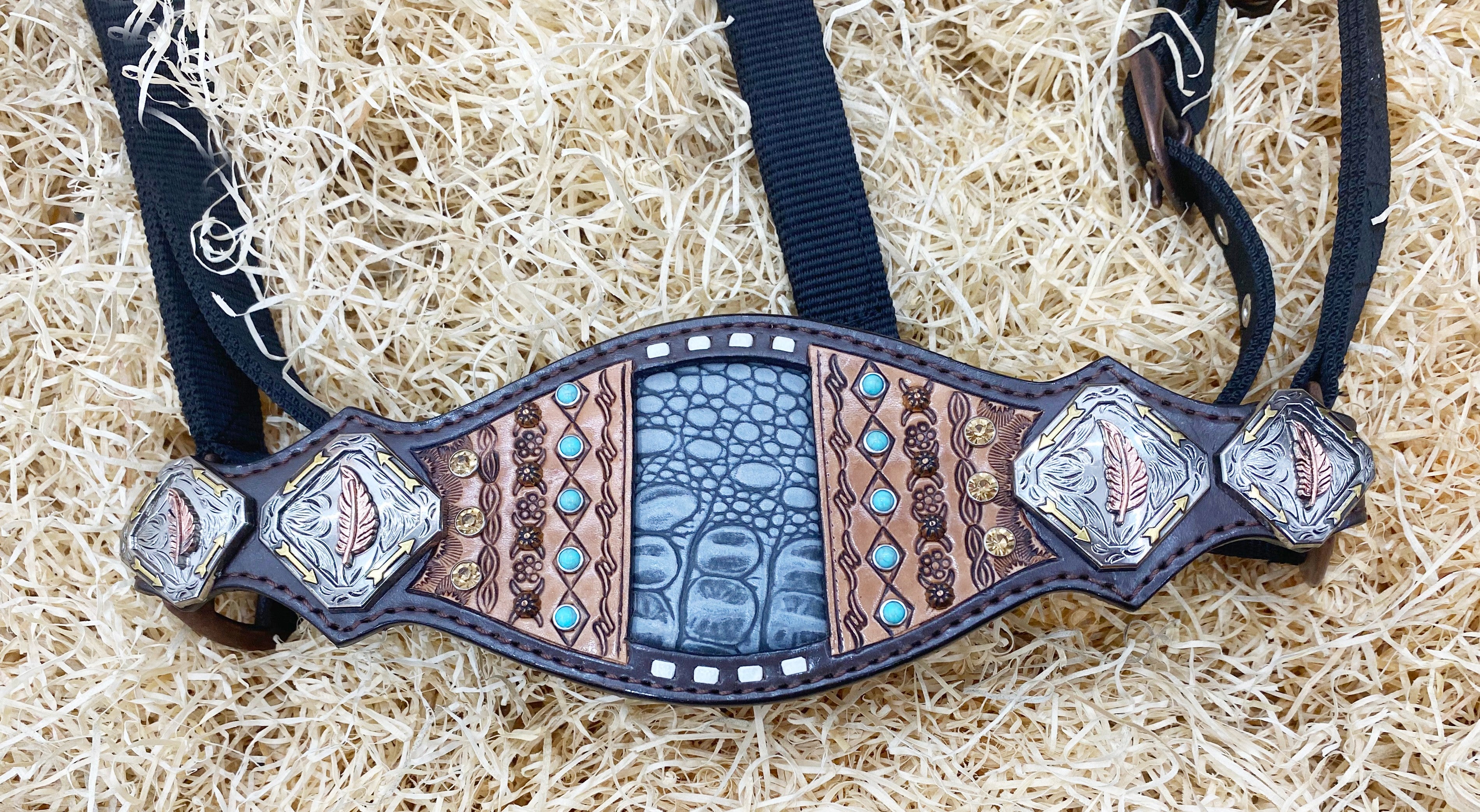 MOUSM Western Bronc Halter – Argentina Cow Leather Halter for Horse Decorated with Hand-Tooled Borders, Antique Copper Sunburst Studs, Feather Accents &amp; Grey Alligator Pattern Inlay.