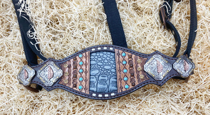 MOUSM Western Bronc Halter – Argentina Cow Leather Halter for Horse Decorated with Hand-Tooled Borders, Antique Copper Sunburst Studs, Feather Accents &amp; Grey Alligator Pattern Inlay.