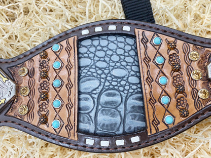 MOUSM Western Bronc Halter – Argentina Cow Leather Halter for Horse Decorated with Hand-Tooled Borders, Antique Copper Sunburst Studs, Feather Accents &amp; Grey Alligator Pattern Inlay.