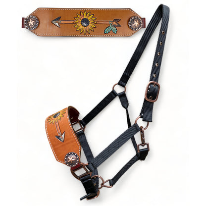 MOUSM Western Bronc Halter – Argentina Cow Leather Halter for Horse Decorated with Hand-Tooled Arrow &amp; Sunflower Carving, Antique Copper Star Conchos