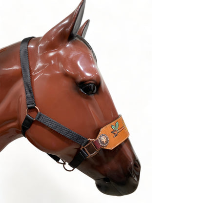 MOUSM Western Bronc Halter – Argentina Cow Leather Halter for Horse Decorated with Hand-Tooled Arrow &amp; Sunflower Carving, Antique Copper Star Conchos