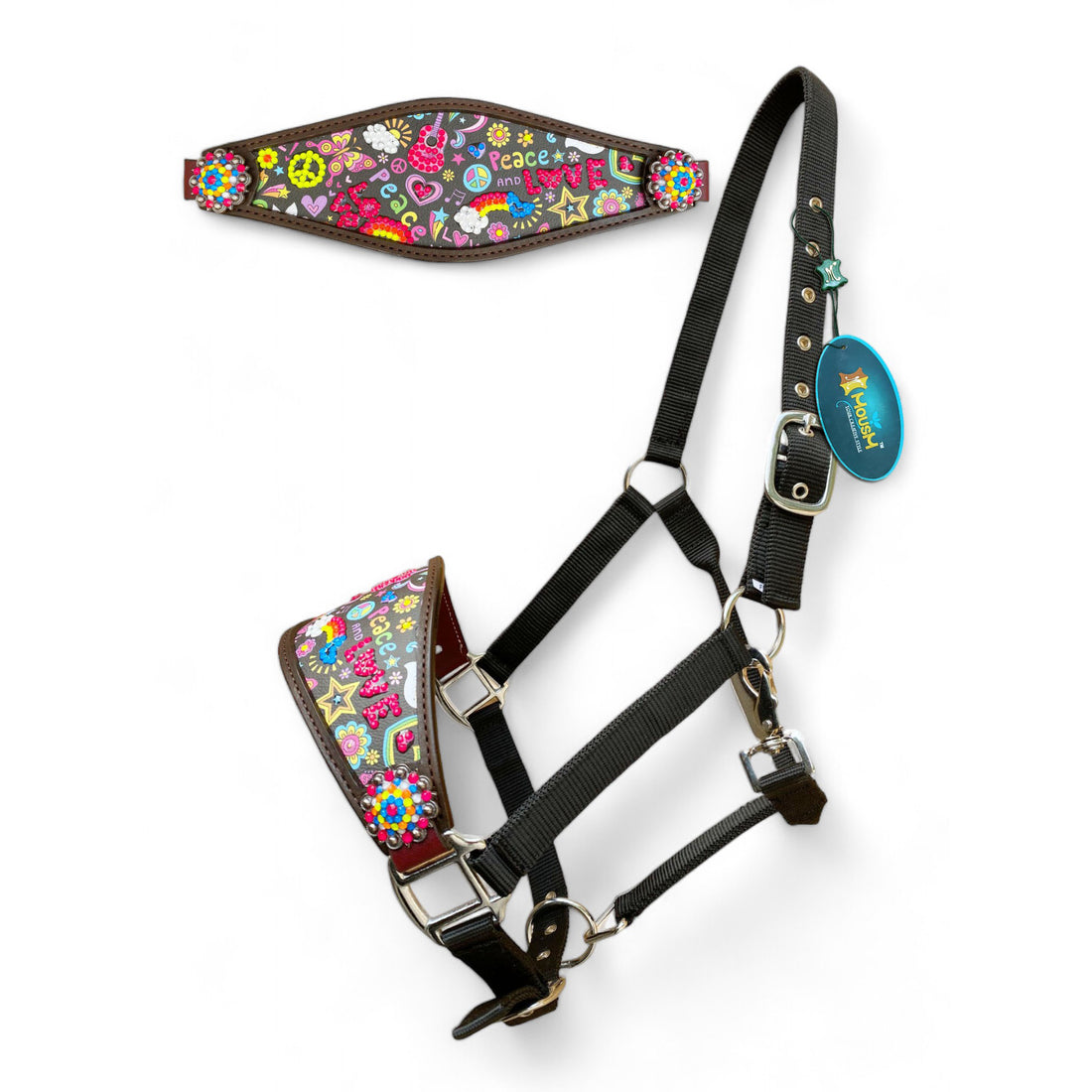 MOUSM Argentina Cow Leather Bronc Halter - Western Horse Halter Decorated with Funky Fluorescent Print and Vibrant Stone, Matching Conchos