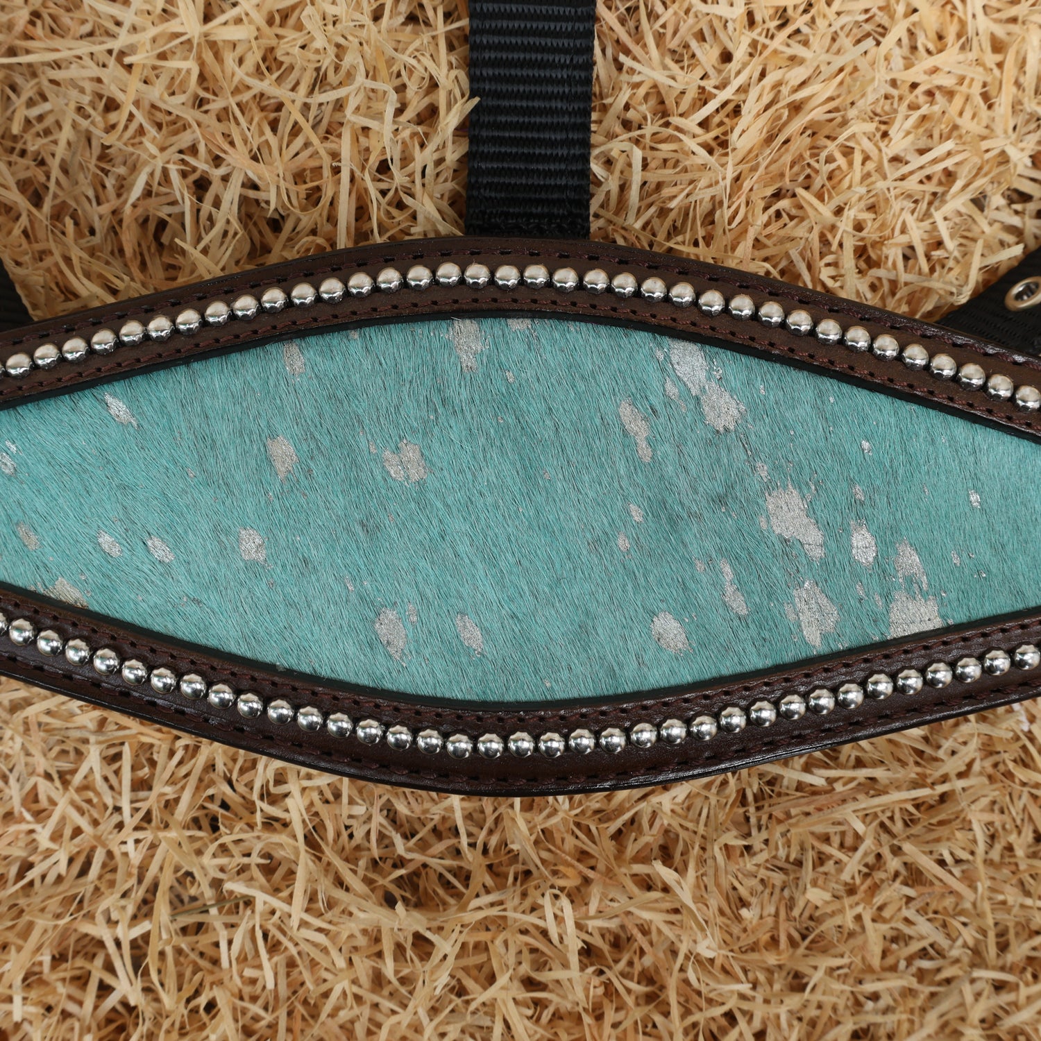 MOUSM Argentina Cow Leather Bronc Halter - Western Horse Noseband Decorated with Turquoise Metallic Acid Wash Cowhide and Rhinestones Conchos