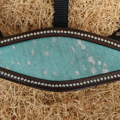 MOUSM Argentina Cow Leather Bronc Halter - Western Horse Noseband Decorated with Turquoise Metallic Acid Wash Cowhide and Rhinestones Conchos