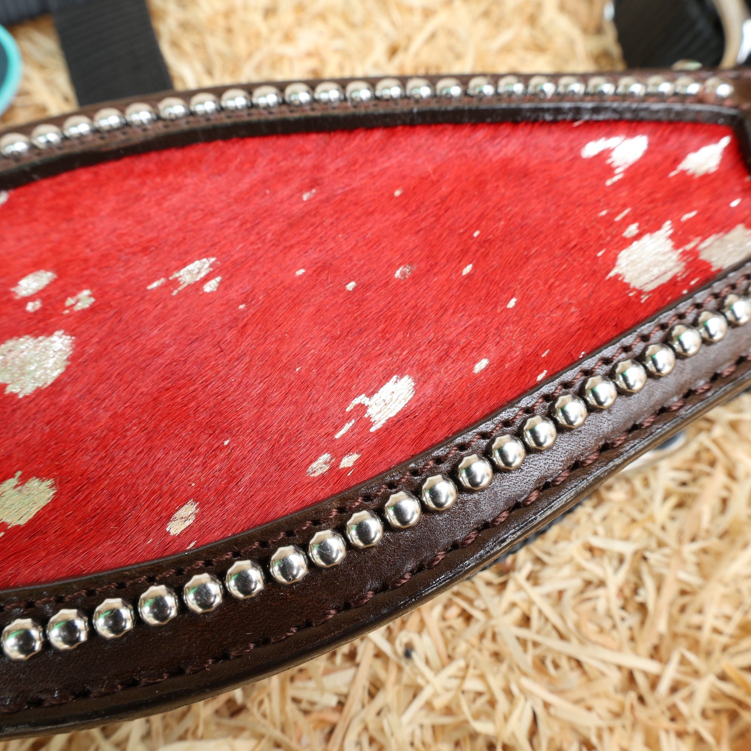 MOUSM Argentina Cow Leather Bronc Halter - Western Horse Noseband Decorated with Red Metallic Acid Wash Cowhide and Rhinestones Conchos