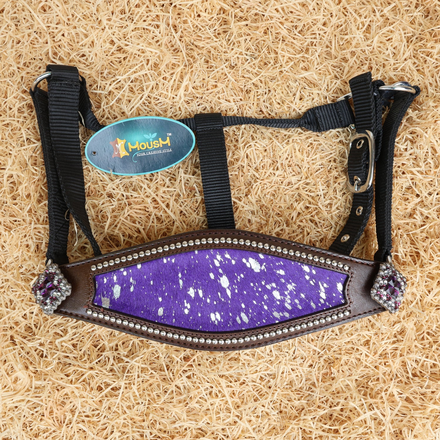 MOUSM Argentina Cow Leather Bronc Halter - Western Horse Noseband Decorated with Purple Metallic Acid Wash Cowhide and Rhinestones Conchos