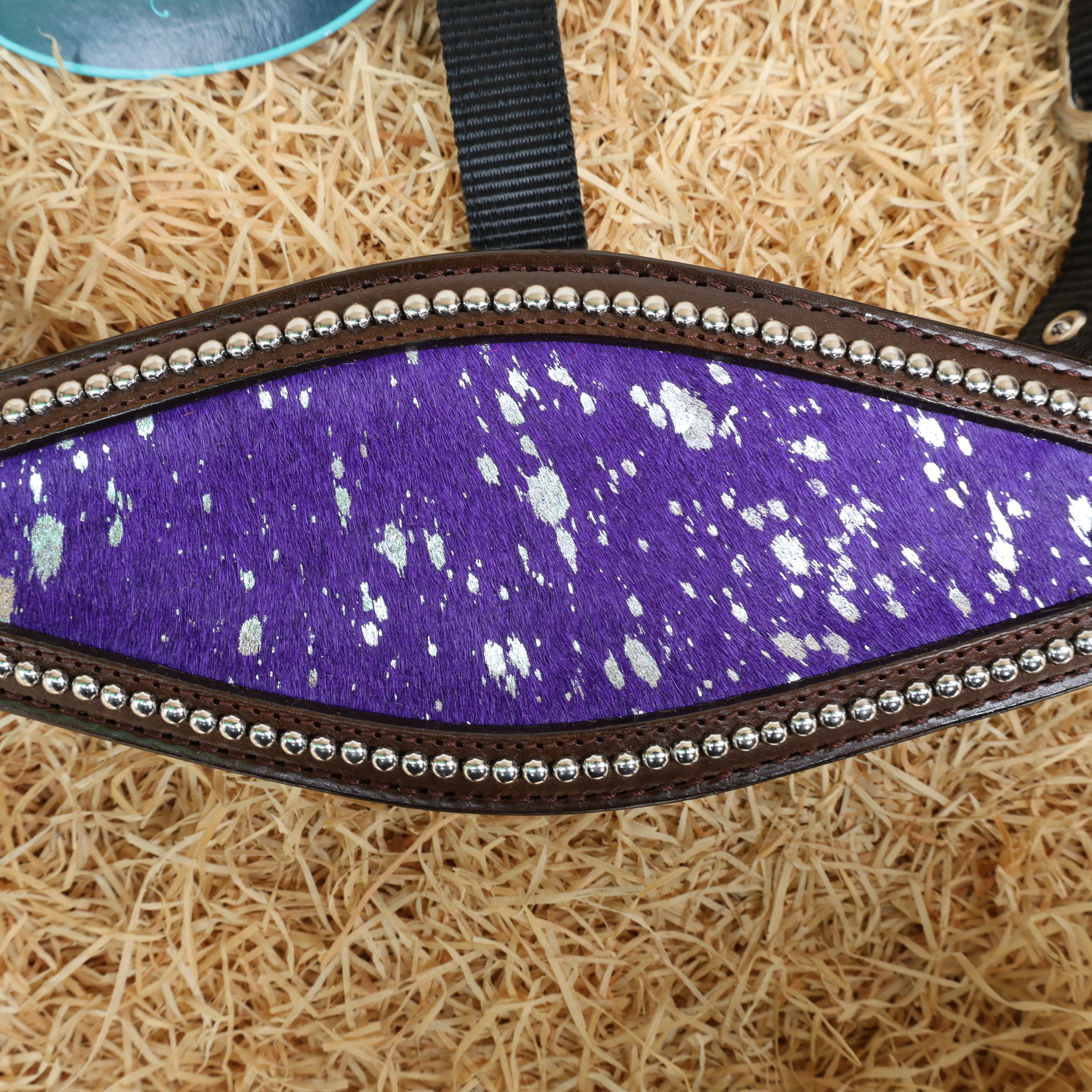 MOUSM Argentina Cow Leather Bronc Halter - Western Horse Noseband Decorated with Purple Metallic Acid Wash Cowhide and Rhinestones Conchos