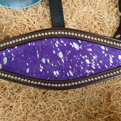 MOUSM Argentina Cow Leather Bronc Halter - Western Horse Noseband Decorated with Purple Metallic Acid Wash Cowhide and Rhinestones Conchos