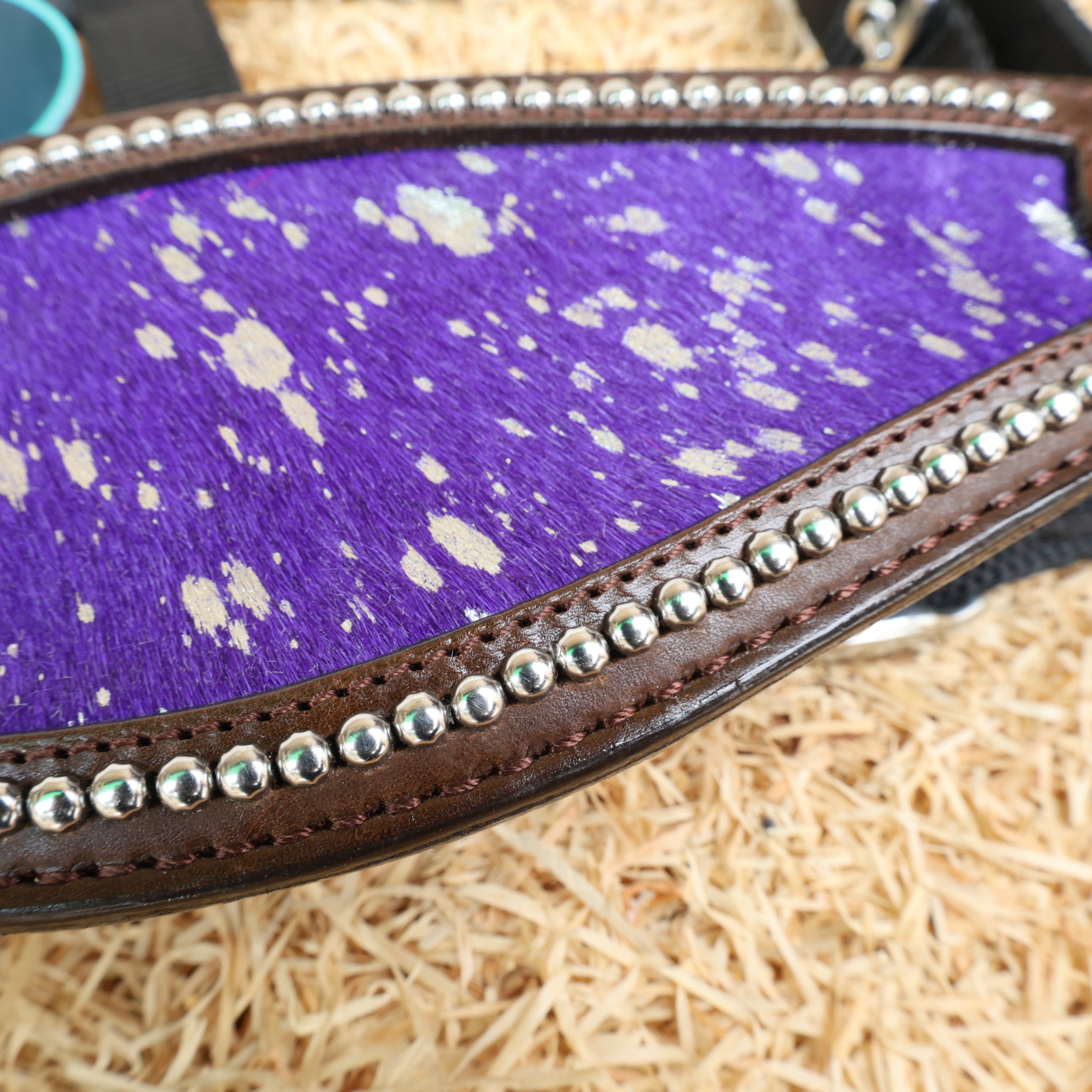 MOUSM Argentina Cow Leather Bronc Halter - Western Horse Noseband Decorated with Purple Metallic Acid Wash Cowhide and Rhinestones Conchos