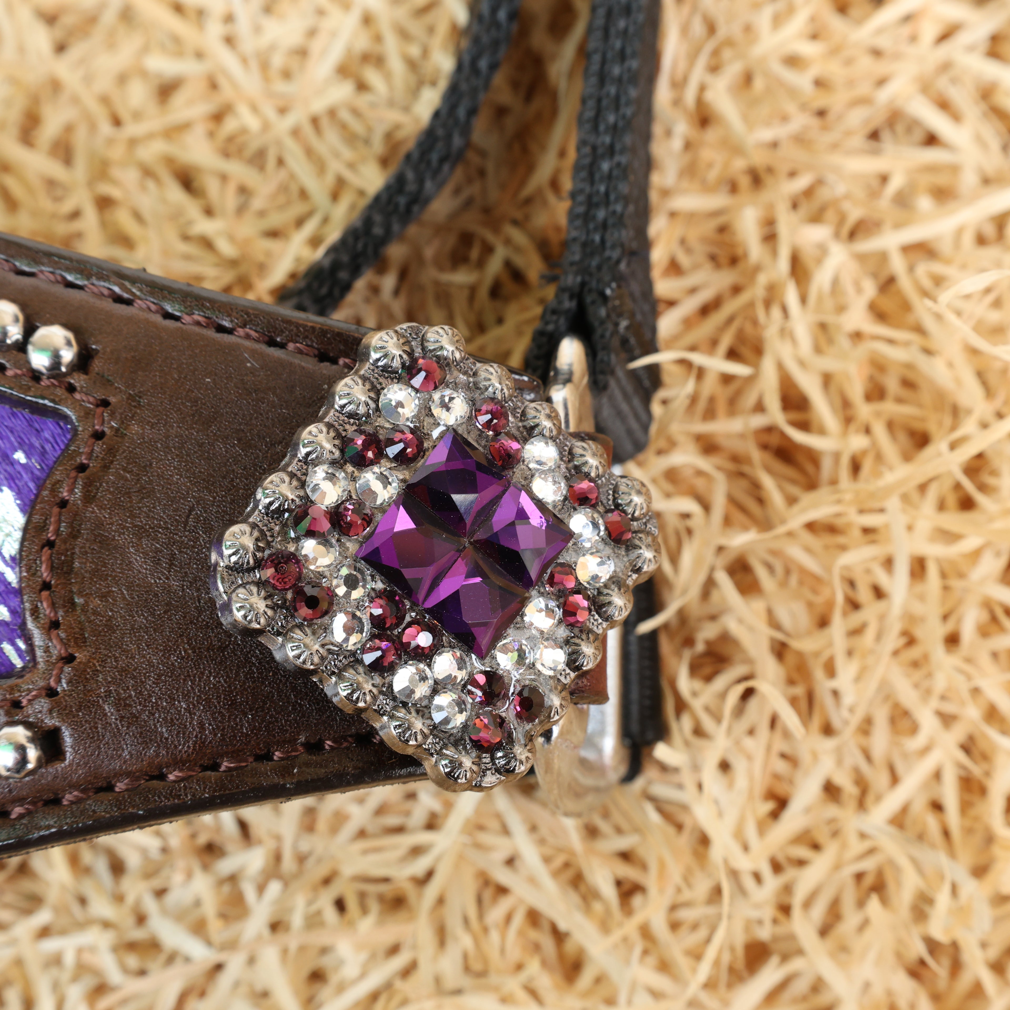 MOUSM Argentina Cow Leather Bronc Halter - Western Horse Noseband Decorated with Purple Metallic Acid Wash Cowhide and Rhinestones Conchos