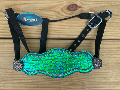 MOUSM Argentina Cow Leather Headstall and Breast Collar Set - Western Bridle Breast Collar Set Turquoise Holographic Alligator Printed Leather