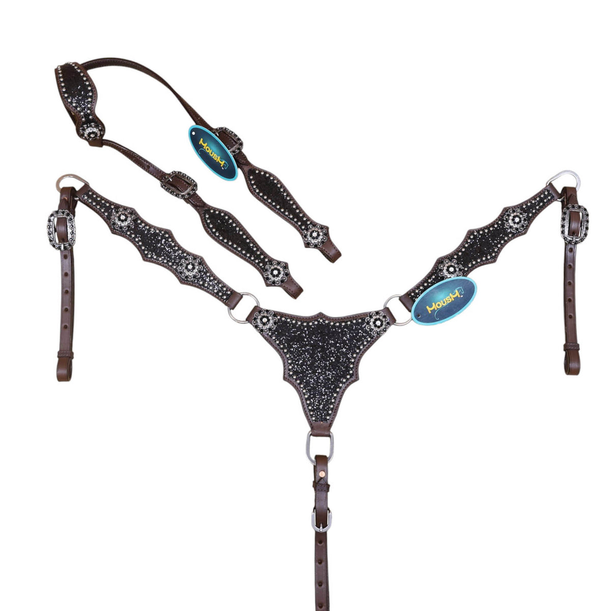 Made from genuine Argentina cow leather, this full-horse tack set features a distinctive alligator design finished with black glitter big chunk sparkles, bling rhinestone conchos, and silver studs.